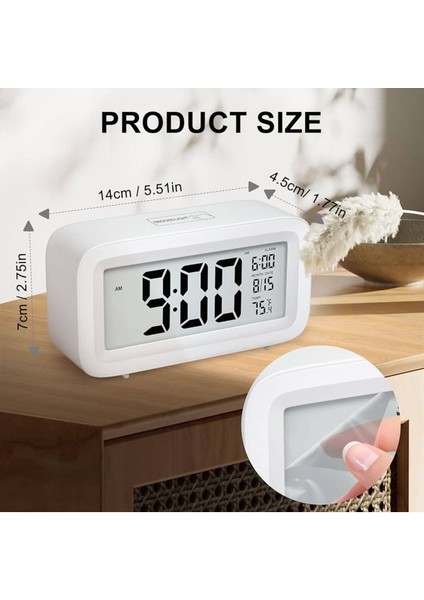 Beyaz LCD Ekran Dijital Pilli Işıklı Alarmlı Termometreli Masaüstü Çalar Saat