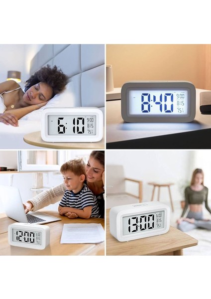 Beyaz LCD Ekran Dijital Pilli Işıklı Alarmlı Termometreli Masaüstü Çalar Saat