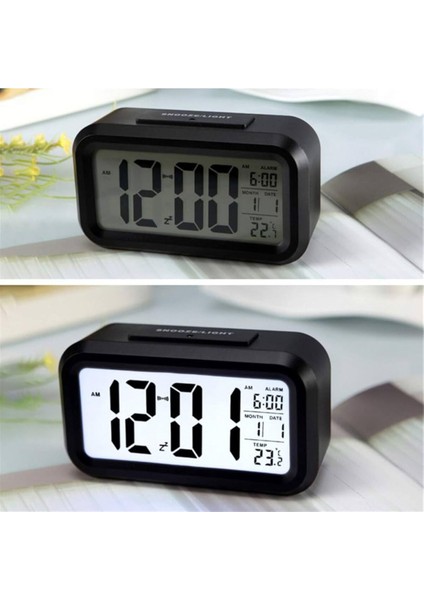 Siyah LCD Ekran Dijital Pilli Işıklı Alarmlı Termometreli Masaüstü Çalar Saat