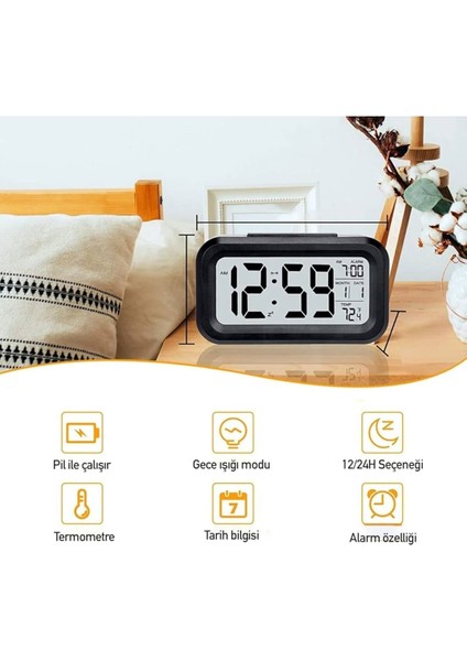 Siyah LCD Ekran Dijital Pilli Işıklı Alarmlı Termometreli Masaüstü Çalar Saat