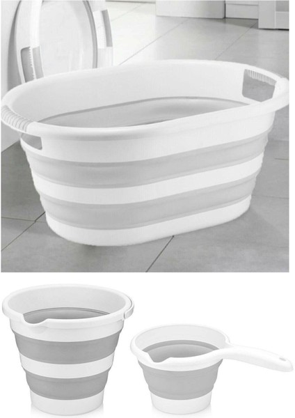 Katlanabilir Çamaşır Sepeti ve Maşrapa Seti, Gri, Hafif ve Pratik, 27 L