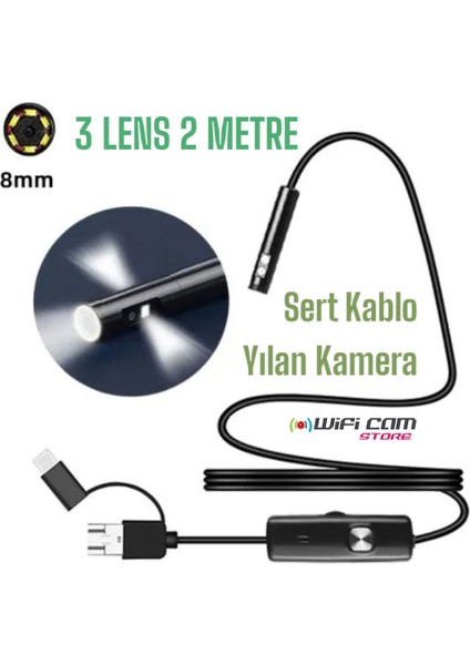 Yılan Kamera 3 Lens 2 Metre Sert Kablo