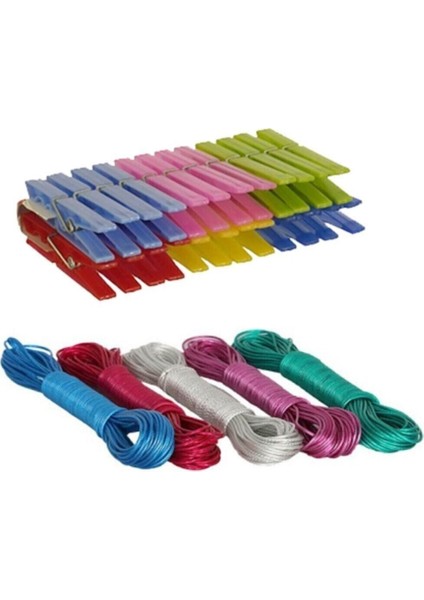 10m Çelik Çamaşır İpi Seti, 5 Mandal Hediye, Dayanıklı ve Kullanışlı Renkli Tasarım