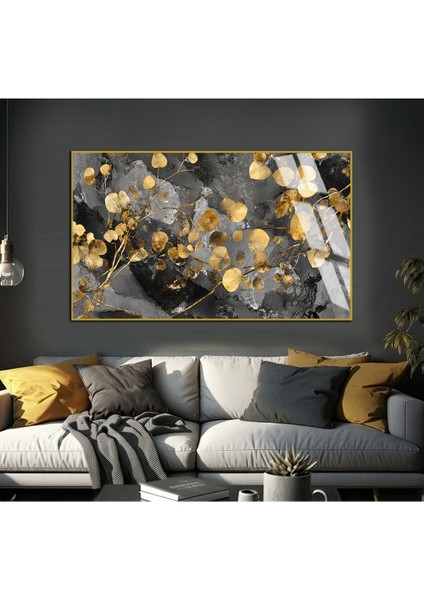 gold Gri Yapraklı Soyut Modeli |çerçeveli Temperli Cam Tablo Tekli Yatay