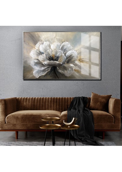 krem-Gold-Gri Renk Soyut Çiçek |çerçeveli Temperli Cam Tablo Tekli Yatay