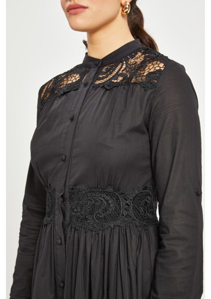 Kadın Dantel Detaylı Elbise – Hakim Yaka, Astarlı, %100 Pamuk