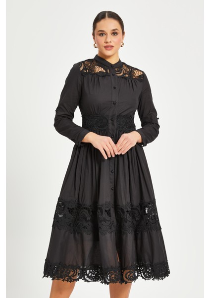 Kadın Dantel Detaylı Elbise – Hakim Yaka, Astarlı, %100 Pamuk fırsatları