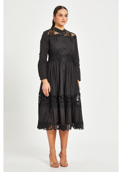 Kadın Dantel Detaylı Elbise – Hakim Yaka, Astarlı, %100 Pamuk indirimleri