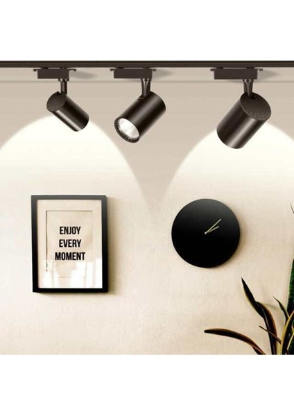 Siyah Kasa ve Günışığı 3 Adet 360 Derece Dönen LED Ray Spot Lamba 1 Metre Raylı Armatür