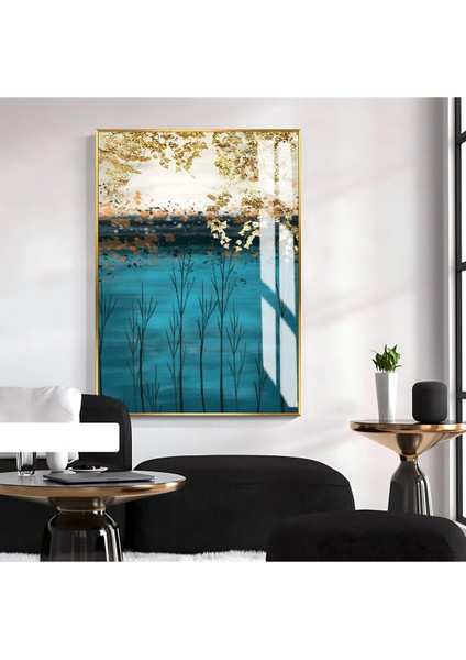 turkuaz-Gold-Mavi Soyut Ağaçlı Manzara Model 2|çerçeveli Temperli Cam Tablo Tekli Dikey