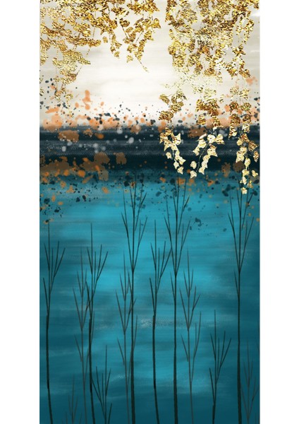 turkuaz-Gold-Mavi Soyut Ağaçlı Manzara Model 2|çerçeveli Temperli Cam Tablo Tekli Dikey fiyatları