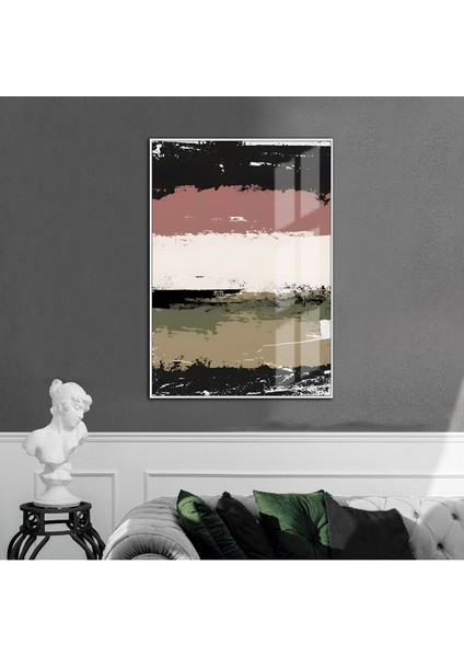yeşil-Krem-Siyah Soyut Model 001 |çerçeveli Temperli Cam Tablo Tekli Dikey