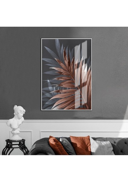 kırmızı-Gri-Beyaz Palmiye Yaprağı Modeli |çerçeveli Temperli Cam Tablo Tekli Dikey