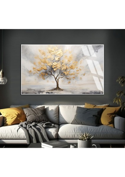 soft Beyaz-Gold Ağaç Modeli |çerçeveli Temperli Cam Tablo Tekli Yatay