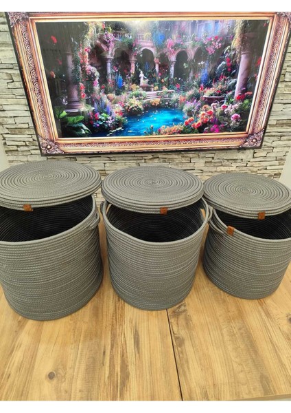 Hasır,jüt, Çok Amaçlı Düzenleyici Kapaklı 3'lü Sepet,kapaklı Çamaşır Sepeti, 36X32X28