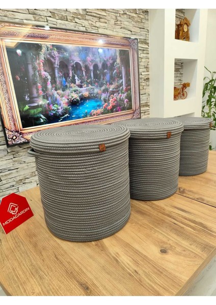 Hasır,jüt, Çok Amaçlı Düzenleyici Kapaklı 3'lü Sepet,kapaklı Çamaşır Sepeti, 36X32X28
