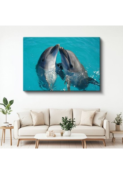 Sevgi Dolu Yunuslar - Turkuaz Suda Buluşma Anı Kanvas Tablo