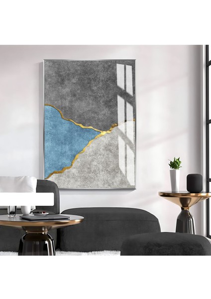 soyut Gri-Gold-Mavi Elegant Sevilen Desen 1|çerçeveli Temperli Cam Tablo Tekli Dikey