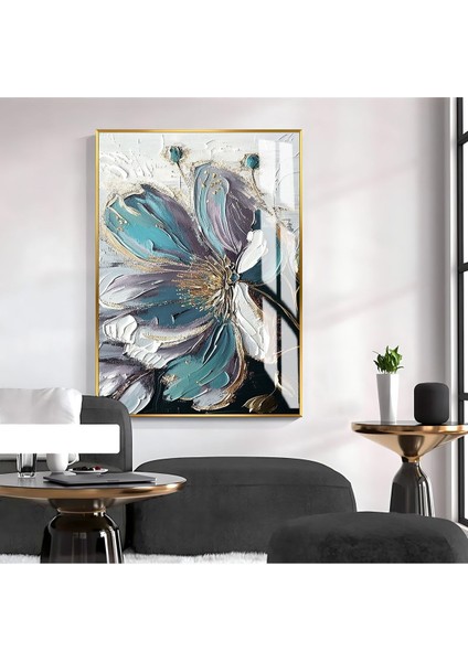 mor-Turkuaz-Gri Renkli Çiçekli Model 1|çerçeveli Temperli Cam Tablo Tekli Dikey