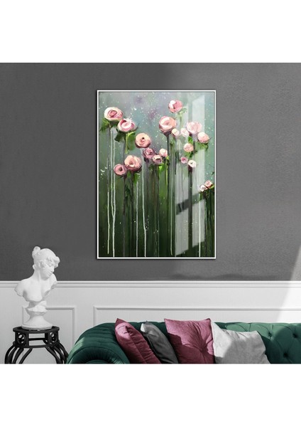 yeşil-Gri-Pembe Çiçek Modeli |çerçeveli Temperli Cam Tablo Tekli Dikey