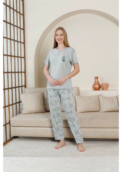 Glisa Yeşil Önden 2 Düğmeli Viskon Kumaş Kısa Kollu Bayan Pijama Takımı 5533-Y