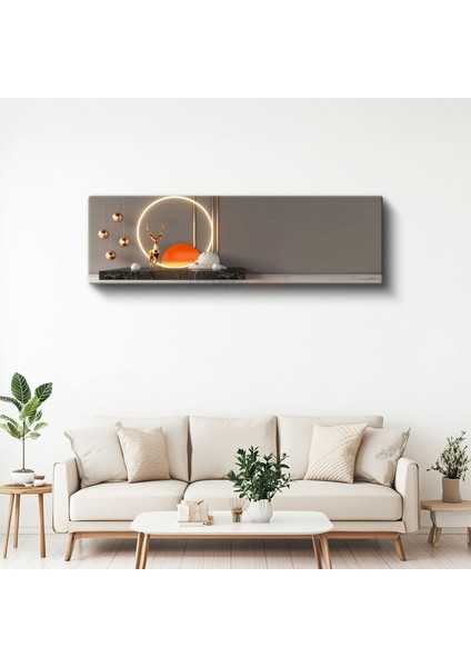 Modern Geyik - Işıklı Çember Içinde Altın Heykel Kanvas Tablo