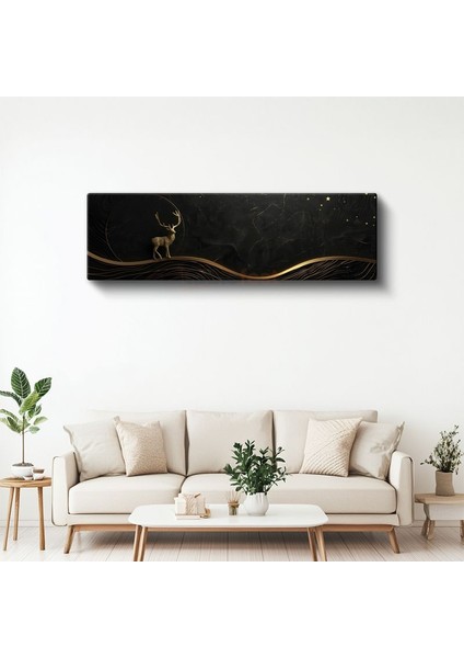 Gece Geyiği - Siyah Zeminde Altın Geyik Silueti Kanvas Tablo