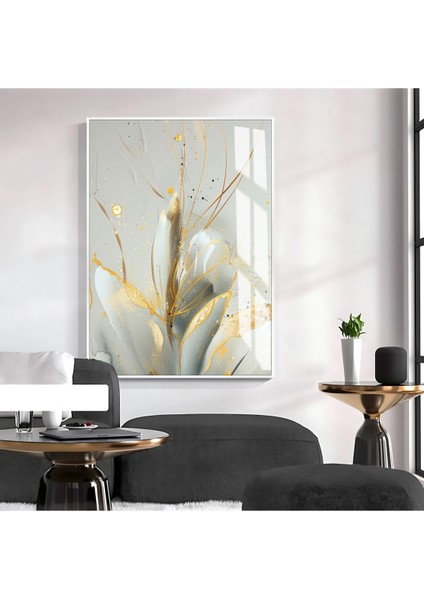 gold-Beyaz Çiçek Desenli Modeli 1|çerçeveli Temperli Cam Tablo Tekli Dikey