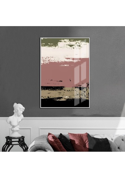 yeşil-Krem-Siyah Soyut Model 002 |çerçeveli Temperli Cam Tablo Tekli Dikey