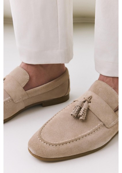 Erkek Süet Deri Bej Püskül Detaylı Klasik Loafer