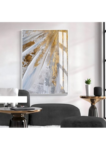 gri-Gold Soyut Desenli Model 1|çerçeveli Temperli Cam Tablo Tekli Dikey