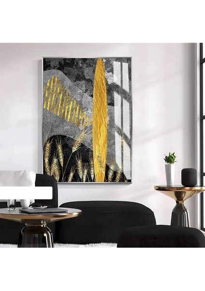 gold-Siyah-Gri Soyut Yaprak Desenli Model 01 |çerçeveli Temperli Cam Tablo Tekli Dikey