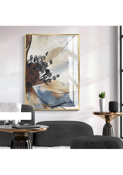 krem-Gri Çiçek Desenli Model |çerçeveli Temperli Cam Tablo Tekli Dikey