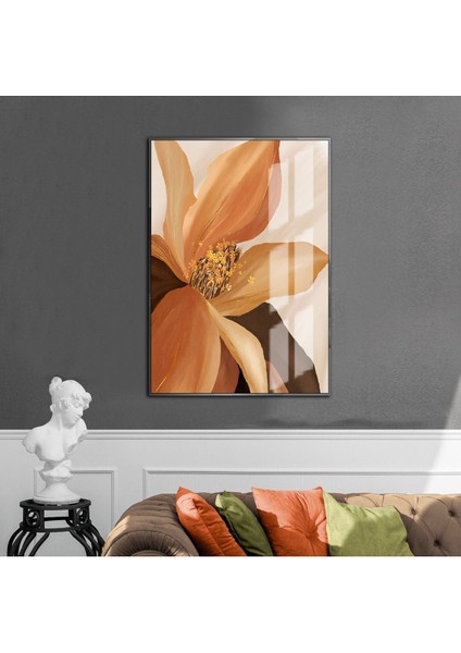 krem-Turuncu Çiçek Modeli 1 |çerçeveli Temperli Cam Tablo Tekli Dikey