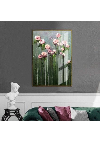 yeşil-Gri-Pembe Çiçek Modeli |çerçeveli Temperli Cam Tablo Tekli Dikey