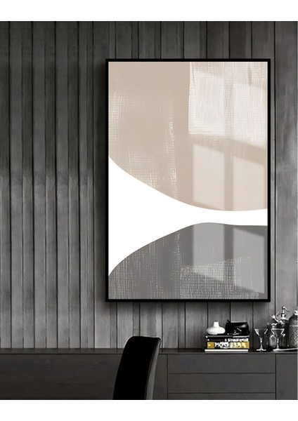 krem-Gri Soyut Model 1 |çerçeveli Temperli Cam Tablo Tekli Dikey