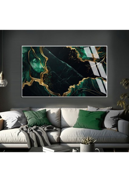 gold Zümrüt Yeşil Soyut Modeli |çerçeveli Temperli Cam Tablo Tekli Yatay