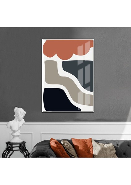 turuncu-Turkuaz-Beyaz Soyut Model 02 |çerçeveli Temperli Cam Tablo Tekli Dikey