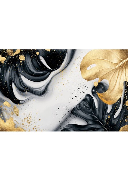 gold-Siyah Yaprak Soyut Modeli |çerçeveli Temperli Cam Tablo Tekli Yatay fiyatları