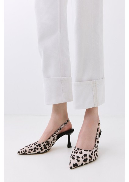 Kadın Bej Leopar Desenli Ayarlanabilir Tokalı Stiletto
