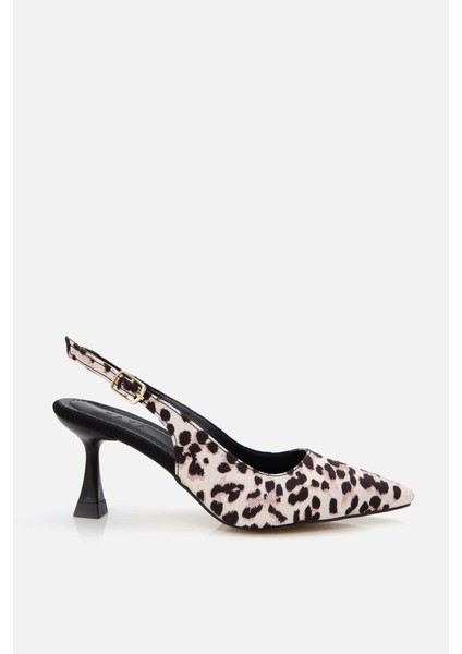 Kadın Bej Leopar Desenli Ayarlanabilir Tokalı Stiletto
