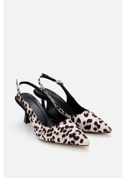 Kadın Bej Leopar Desenli Ayarlanabilir Tokalı Stiletto