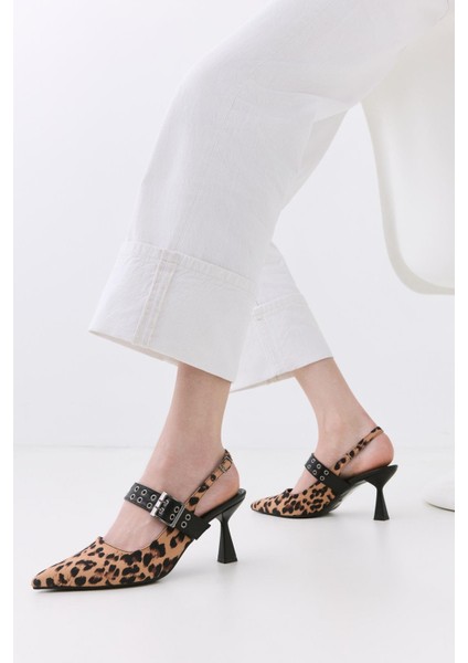 Kadın Taba Leopar Desenli Kemerli Stiletto