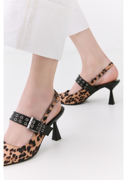 Kadın Taba Leopar Desenli Kemerli Stiletto