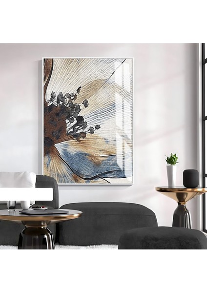 krem-Gri Çiçek Desenli Model |çerçeveli Temperli Cam Tablo Tekli Dikey