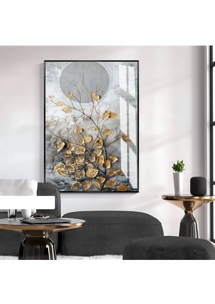 gold-Gri Yaprak Desenli Soyut Model 1|çerçeveli Temperli Cam Tablo Tekli Dikey