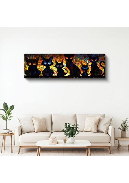 Vitray Kediler - Renkli Cam Efektli Siyah Kedi Siluetleri Kanvas Tablo
