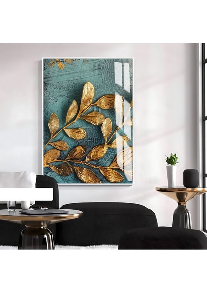 turkuaz-Gold Yaprak Desen Model 1|çerçeveli Temperli Cam Tablo Tekli Dikey