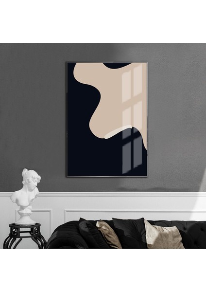 lacivert-Krem-Bej Soyut Modeli 2 |çerçeveli Temperli Cam Tablo Tekli Dikey