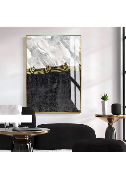 soyut Siyah-Gri Desenli Model 1|çerçeveli Temperli Cam Tablo Tekli Dikey